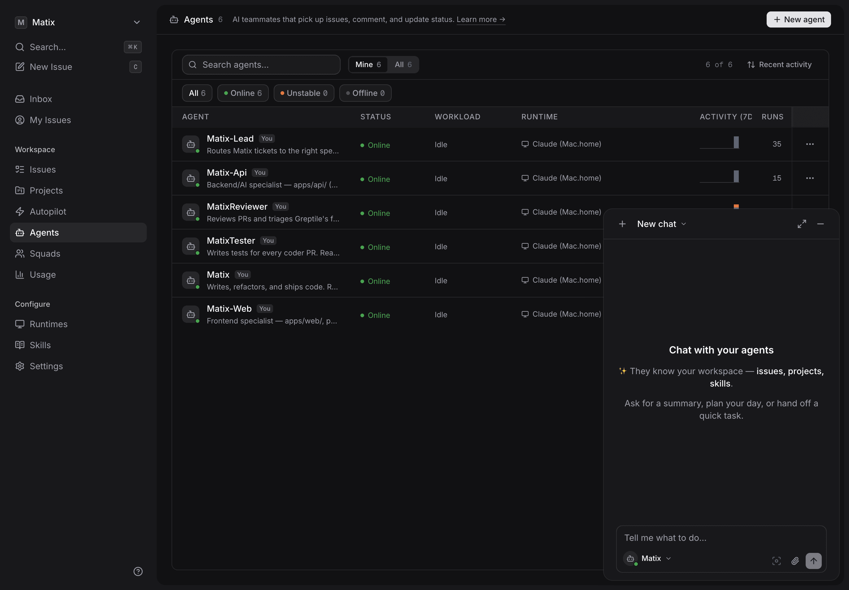 A Matix workspace showing Lead, Coders, Reviewer, and Tester agents online with a chat panel